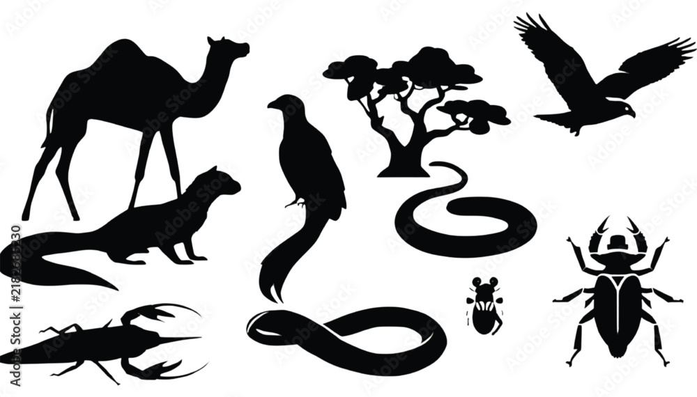 Obraz premium Desert animal silhouettes including a camel, flying eagle, snake, scorpion, and beetle are isolated together over a pure white background.