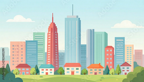 Colorful cartoon cityscape with tall skyscrapers and charming houses in foreground