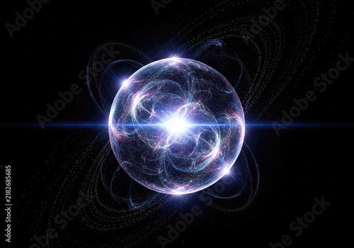 A luminous energy sphere glows intensely amidst swirling cosmic particles on a deep black background, creating a vibrant digital artwork, illustration, orb, plasma