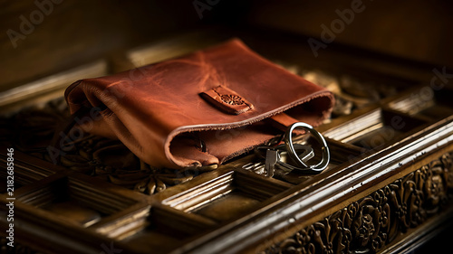 Rustic leather wallet and antique keys on wooden surface vintage aesthetic