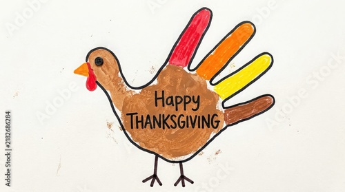 A delightful and heartwarming illustration captures the essence of thanksgiving day showcasing a charming turkey crafted from colorful handprints symbolizing gratitude family