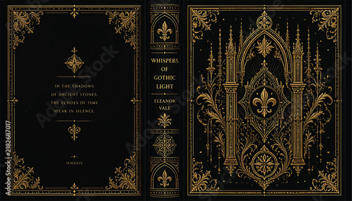 An ornate vintage book cover featuring intricate gold filigree patterns against a deep black background with elegant gothic style details