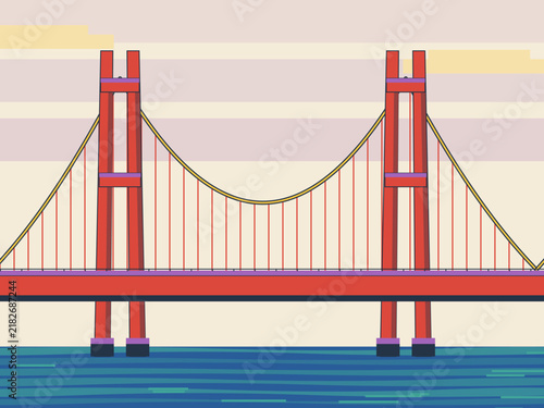 Fotografie Suspension Bridge Waterfront In Retro Poster Colors