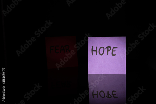 Cuadro en lienzo Illuminated purple HOPE sticky note next to dark shadowed FEAR note on black background with reflection