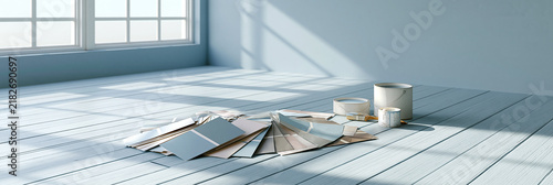 A serene room with paint samples and cans on the floor, ready for a makeover.