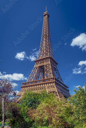 Eiffel Tower in Paris, France, against deep blue sky
