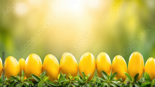 Bright Yellow Ripe Mangoes Arranged Neatly on Green Plants in Sunlight