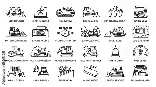 Dozer operation and heavy equipment maintenance icons set featuring black outlines of site grading ground compaction and blade control for construction.