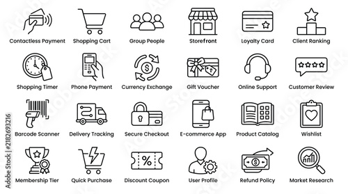 E-commerce and online shopping icons set featuring digital payments cart storefront loyalty programs delivery tracking customer reviews retail market.
