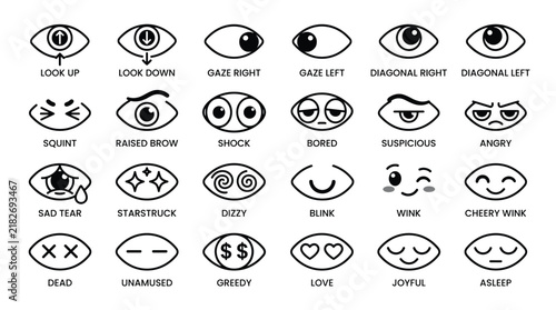 Human eye expression and gaze direction icon set depicting diverse emotions psychological states and visual interactions for interface design and ux testing.