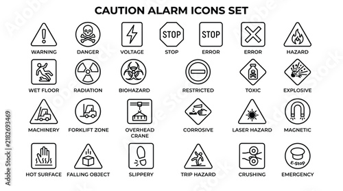Industrial caution alarm and workplace safety warning icon set displaying black minimal symbols for hazard identification security alerts and risk control.