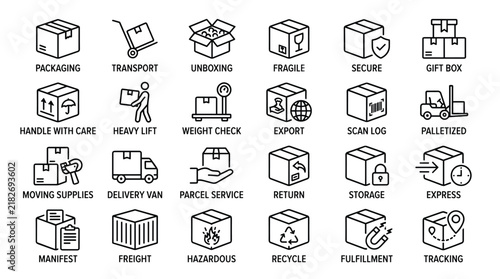 Logistic delivery icons set black outline vector shipping supply symbols for warehouse storage transport tracking parcel service freight ecommerce.