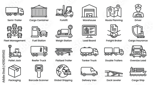 Logistics and supply chain management icon set showing trucks shipping containers forklifts and freight forwarding operations for global business use.