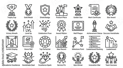 Milestone and performance icons illustrate line art symbols for gold medals merit certificates leaderboard rankings and team success for business growth.