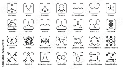 Outline set of chemistry icons featuring molecular structures of methane, water, ammonia, and various symbols of chemical bonds and reactions.