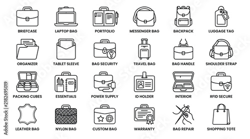 Travel and business bag accessories icons outline various types of luggage, storage solutions, and security features.