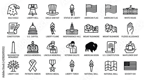 United states landmarks and historical monuments icons feature black line art designs representing american heritage and national government institutions.