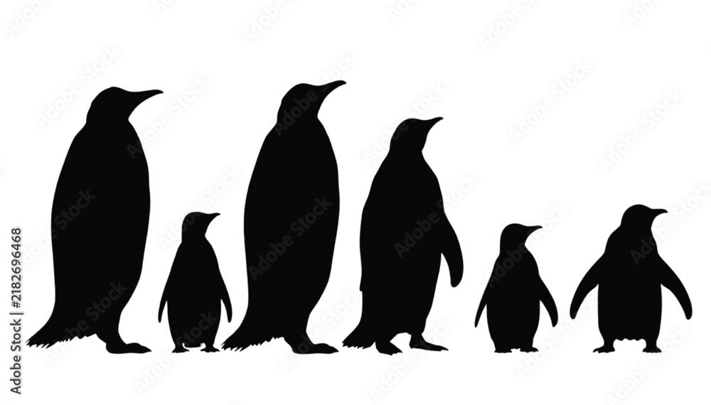Obraz premium Penguin silhouettes arranged in a standing row present various species shapes isolated against a stark white backdrop for graphic design needs.