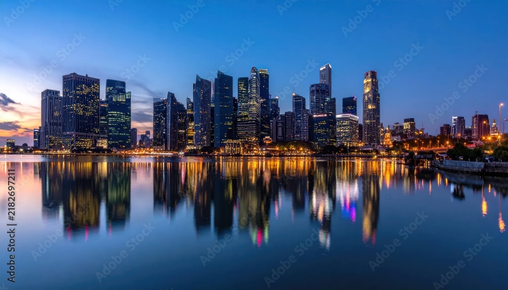 Fototapeta premium Modern city skyline reflecting in calm harbor at night.