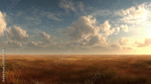 Wide Open Grassland Under Dramatic Sky with Golden Sunlight