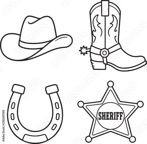 Classic wild west cowboy play items line art coloring set