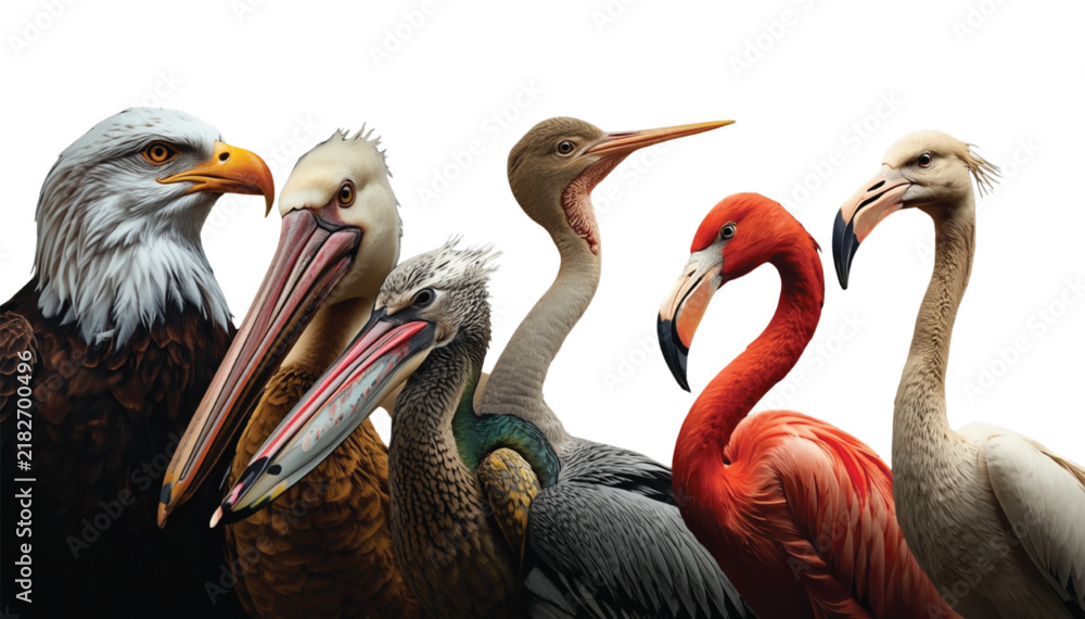 Fototapeta premium Water birds and an eagle stand together closely in a diverse avian wildlife composite portrait isolated against a clean white background.