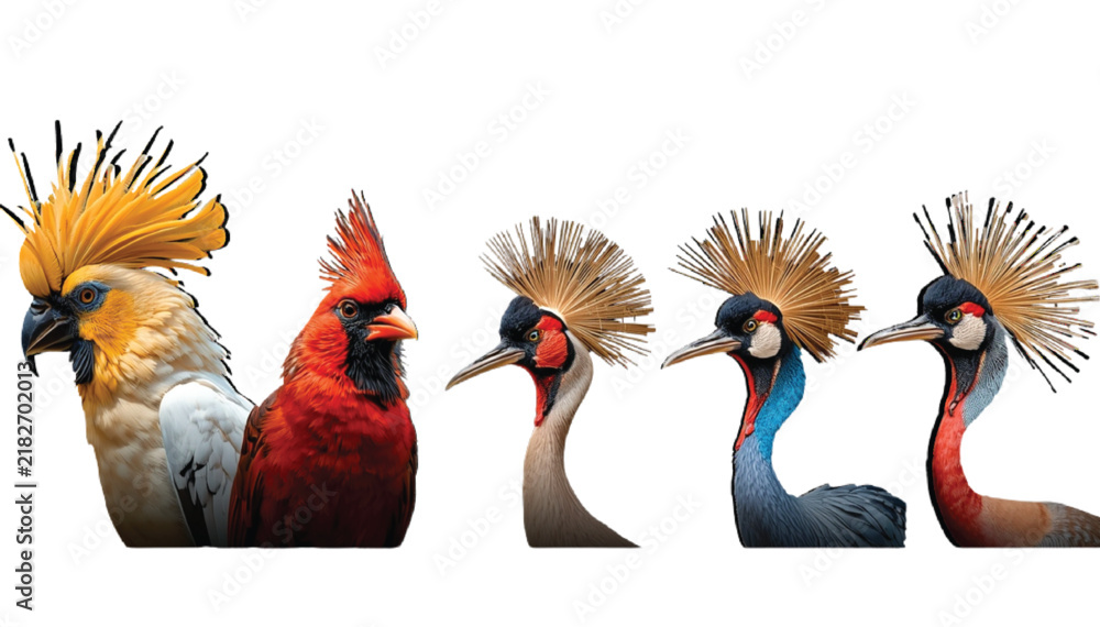Fototapeta premium Exotic birds portraits stand in a line featuring colorful crests, plumage, and beaks isolated cleanly against a stark white backdrop.