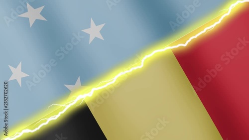 Two waving flags Micronesia and Belgium with diagonal lightning seamless, 4k loop