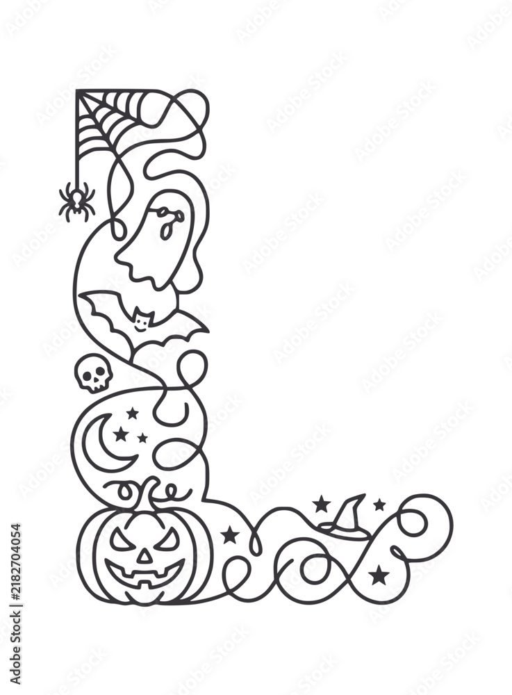 Fototapeta premium Halloween monogram letter L with bat ghost and vine ornaments