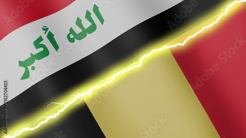 Two waving flags Iraq and Belgium with diagonal lightning seamless, 4k loop