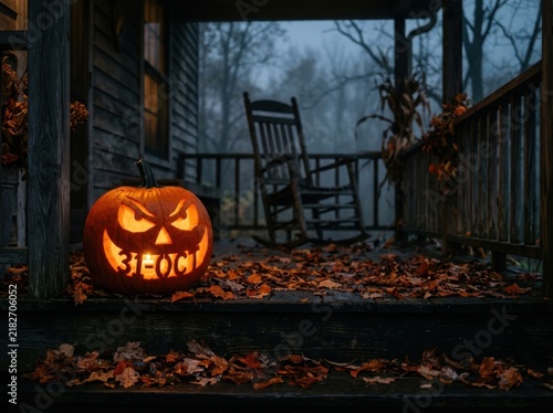 Spooky halloween jackolantern with carved 31 oct text on a rustic wooden porch with autumn leaves and a rocking chair in the background