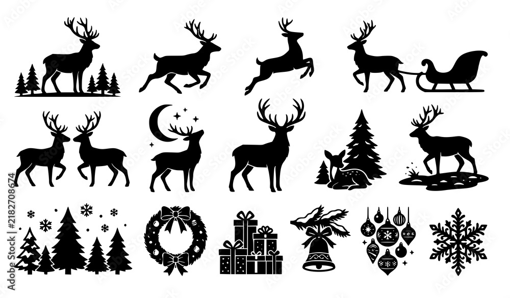 Fototapeta premium Scandinavian Reindeer Christmas Silhouette Icons and Winter Holiday Vector Set