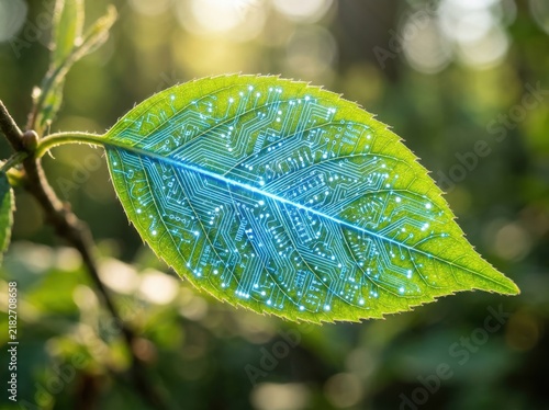 A green leaf with a glowing digital circuit board pattern integrated into its veins, representing the fusion of nature and advanced technology
