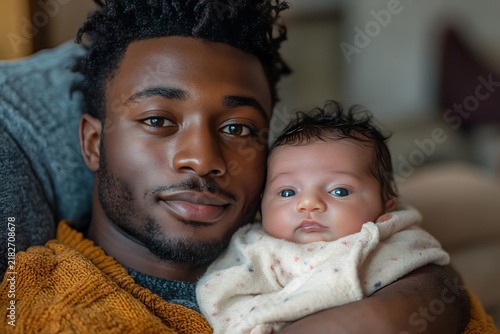 Young man holding his newborn baby close while looking at the camera with a gentle expression