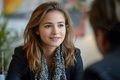 Young woman with brown hair talking during a job interview in a bright modern office setting