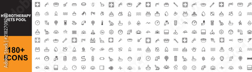 Hydrotherapy Jets Pool line icon set. Vector pictograms of equipment, wellness, hydraulics, and massage elements, thin linear illustration. Outline icon in linear style