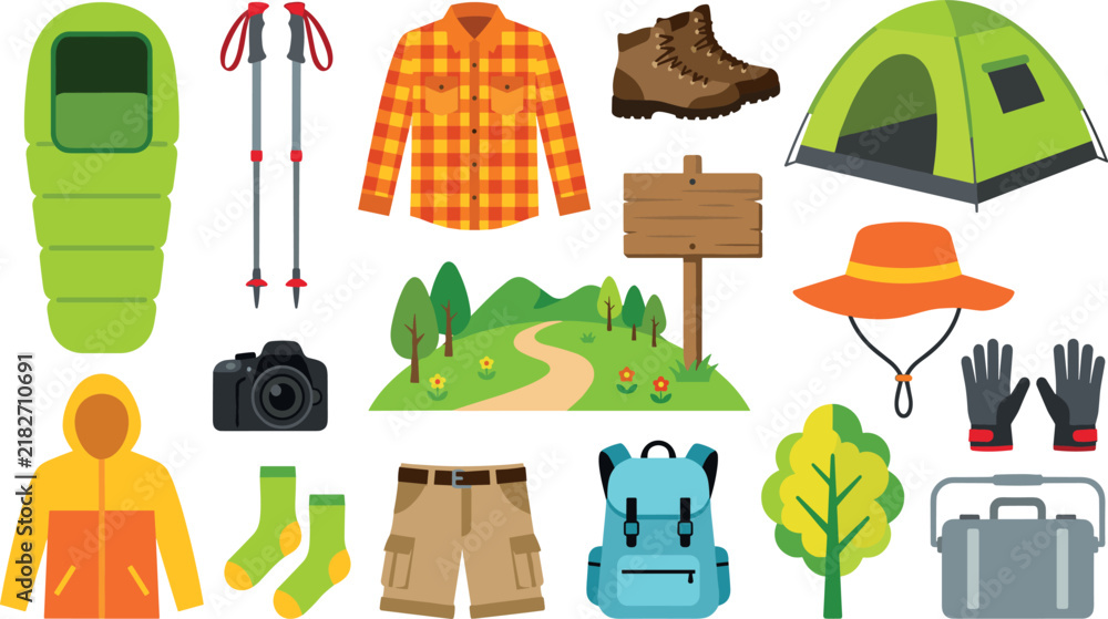 Fototapeta premium Camping and Hiking Outdoor Adventure Gear Vector Icon Set with Tent Sleeping Bag Backpack Boots and Landscape for Travel Tourism Graphic Designs