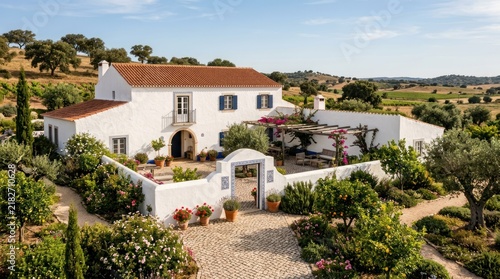 A white house with a red roof surrounded by greenery and a stone path leading to the entrance.