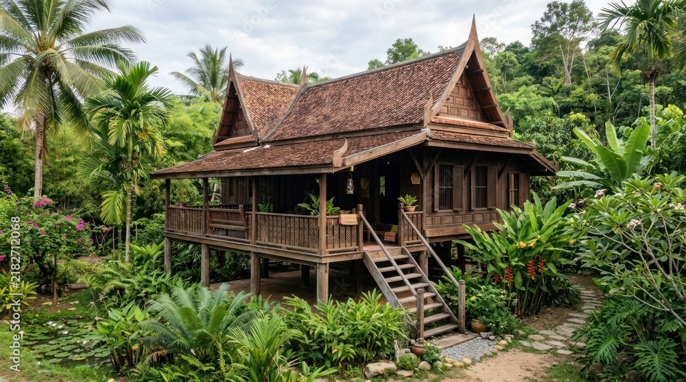 Obraz premium A traditional Thai house with wooden architecture and a thatched roof, surrounded by lush greenery and palm trees.