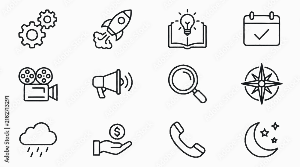 Obraz premium Elegant Black and White Line Icons Set Featuring 12 Minimalist Symbols for Web App or Presentation Design