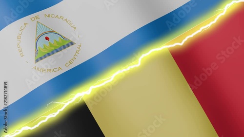 Two waving flags Nicaragua and Belgium with diagonal lightning seamless, 4k loop