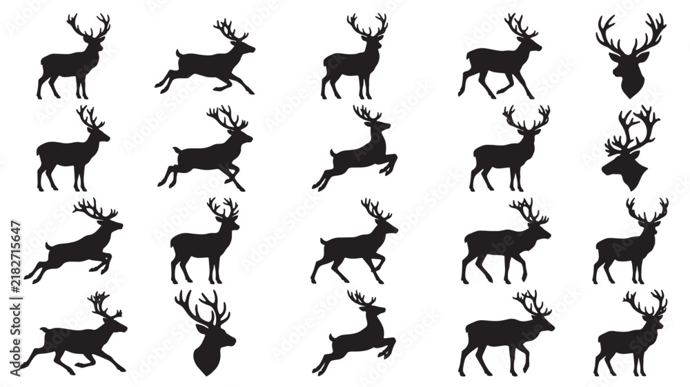 Fototapeta premium Deer silhouettes set vector collection of wild animals with antlers