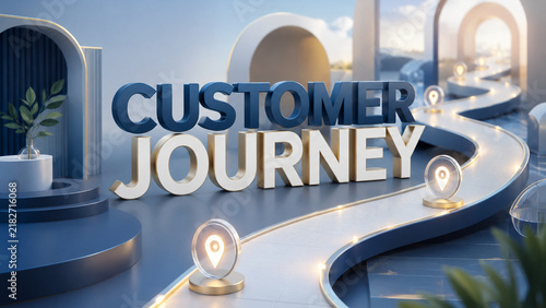 Elegant 3D illustration of a customer journey path with glowing location pins, bold typography, and modern blue and gold business design.