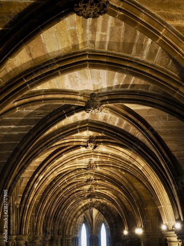 Gothic Stone Ribbed Vaulted Ceiling in Cathedral Interior of St. Mungo, Glasgow 