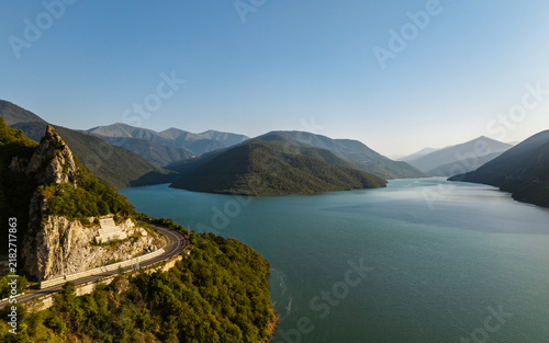 Canvas Print Aerial View of Scenic Zhinvali Reservoir and Winding Road in Georgia
