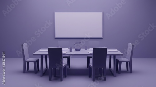 Dining table and chairs are arranged in a monochromatic purple scene