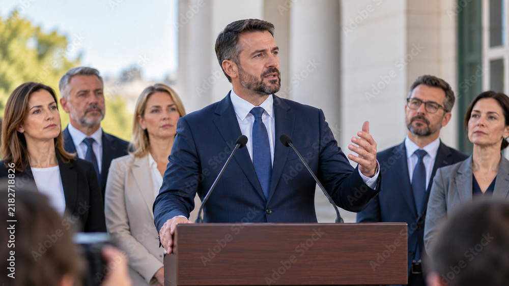 Obraz premium Male politician giving speech at podium during outdoor press conference with team