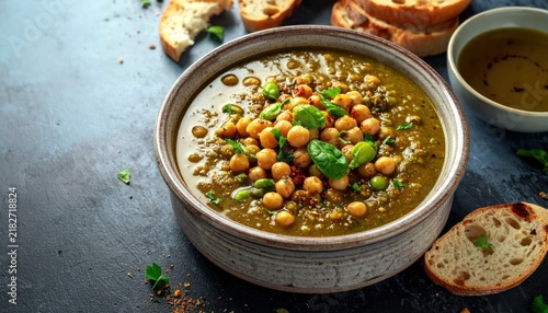 Healthy Vegan Chickpea and Green Vegetable Soup Served with Toasted Bread and Olive Oil on Dark Table