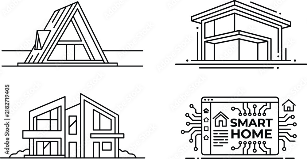 Naklejka premium Smart Home and Modern Architecture Icon Set Featuring A Frame Cabin Contemporary Villa Luxury Duplex and Digital Automation Control Interface Graphic