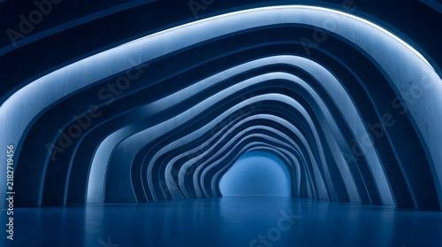 Curved architectural tunnel with illuminated layers and a blue color palette